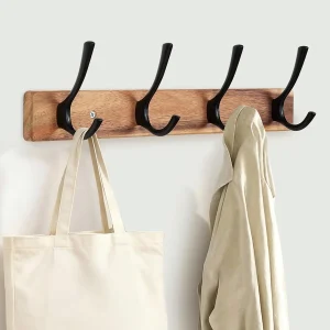 4-Hook Acacia Wood Wall Mount Coat Rack