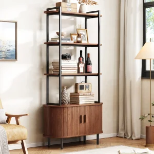 4-Tier Book Shelf with Sliding Door Storage Cabinet