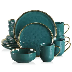 Green Porcelain Dinnerware Set with Gold Trim