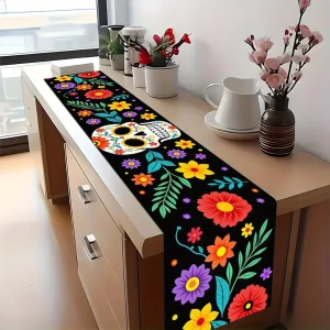 Floral Sugar Skull Linen Table Runner for Fiesta Decor